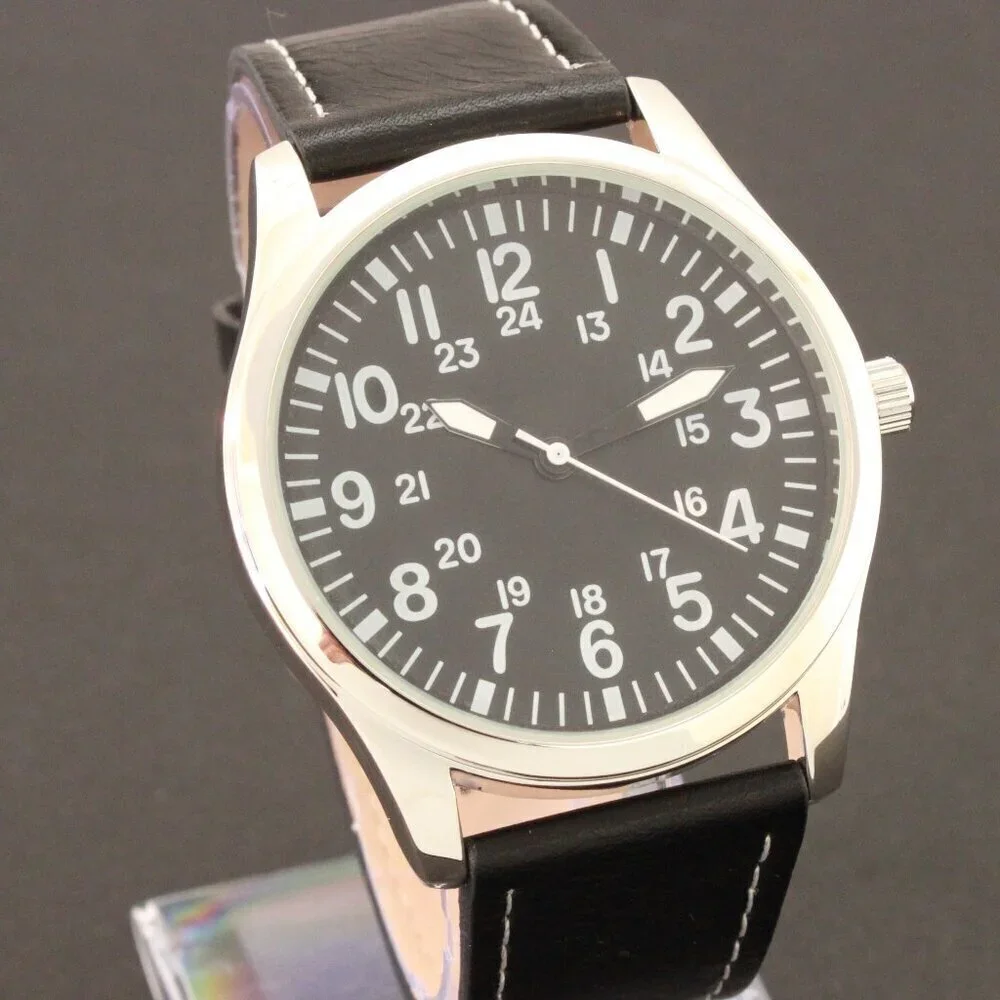 Men's Quartz Field Watch Silver Case Black Leather Strap 42mm - Picture 5 of 12